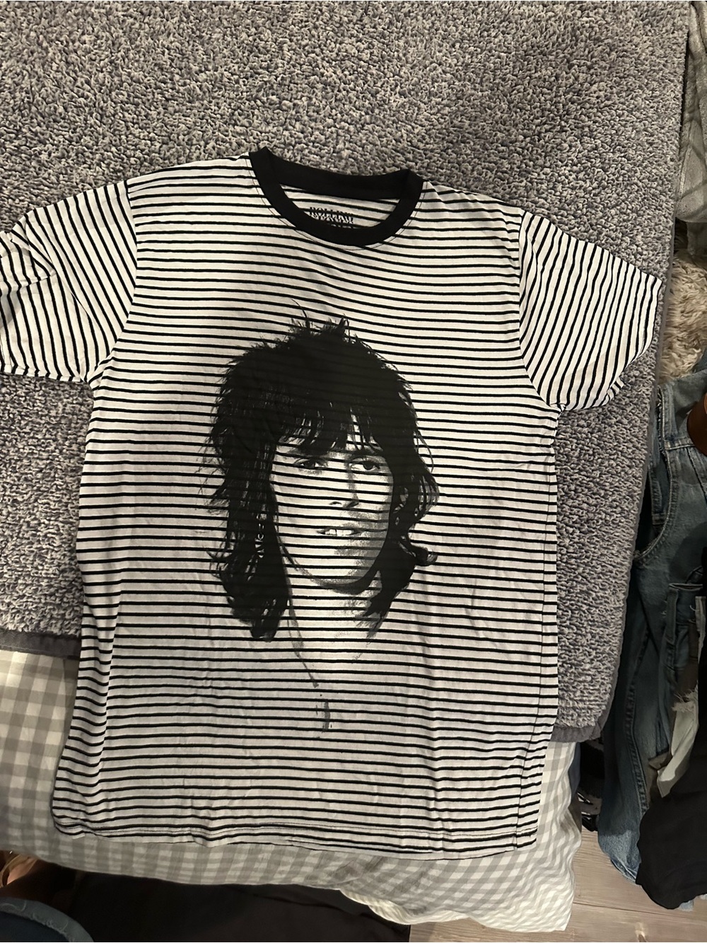 the Rolling Stones Black & White Striped band Tee with Band Portrait